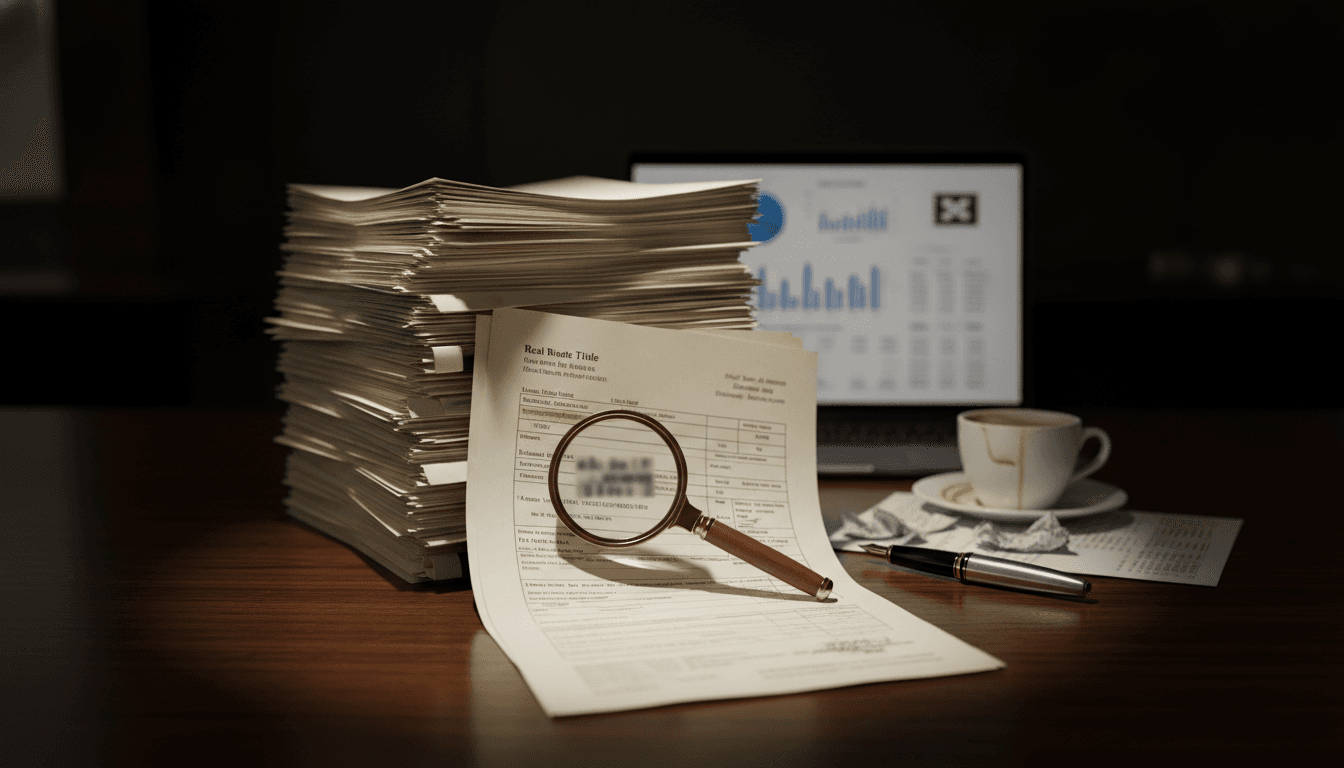 A close-up still life arrangement featuring a stack of official-looking, but subtly altered, real estate title documents, some with visible digital edits or faint re-scan lines. A magnifying glass rests on a section showing a falsified lien position. In the background, a blurred computer screen displays financial data and a partial view of a bank logo. A single luxury pen lies next to a half-empty coffee cup, suggesting late-night work.