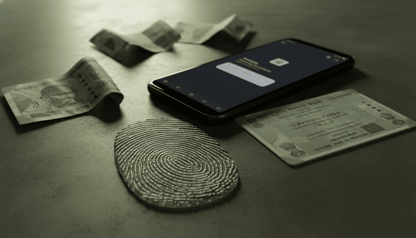 A close-up still life composition showing a silicone fake fingerprint replica, an Aadhaar card, a mobile phone displaying a banking app, and scattered banknotes, all hinting at fake fingerprints biometric fraud.