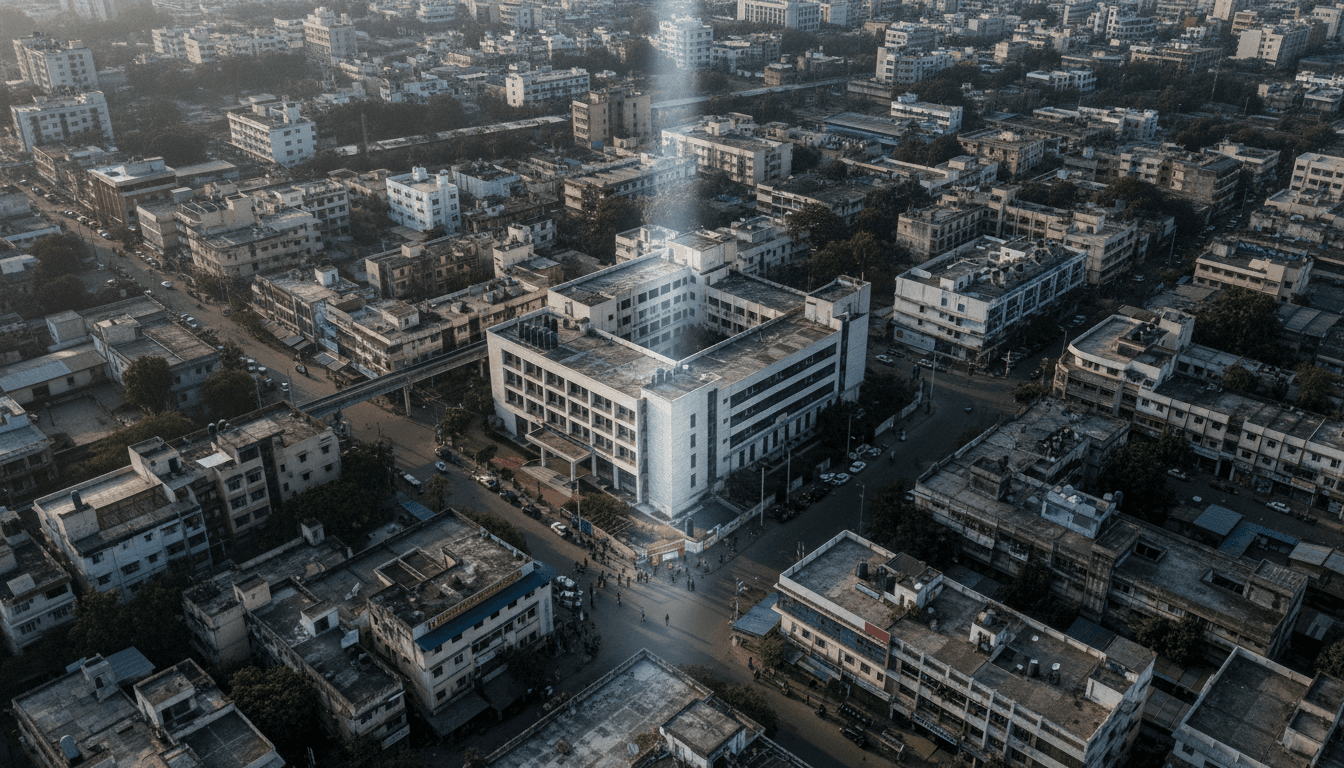 An aerial view showing the dense, clustered buildings of a cooperative bank headquarters, with a large, intricate network of roads and smaller financial institutions sprawling out, symbolizing the widespread impact of the LUCC scam.