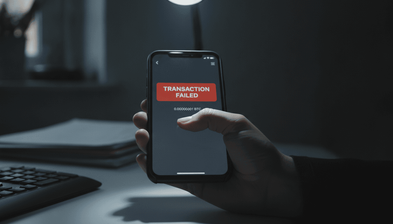 A close-up of a digital wallet interface on a smartphone screen, displaying a 'transaction failed' message and an alarmingly low balance, symbolizing the impact of crypto scam tactics.