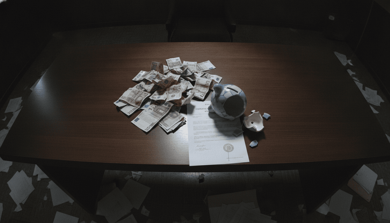 A stack of old, worn paper currency next to a small, empty, overturned piggy bank, with a formal court order document titled 'Repayment Order' partially visible beneath them, signifying a jailed fraudster ordered to repay £452,000 to victims.