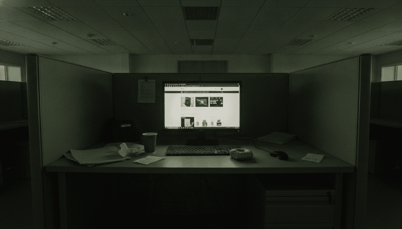 A close-up of a computer screen displaying a fraudulent online brand scam website with a fake logo and payment portal, surrounded by blurred office documents.