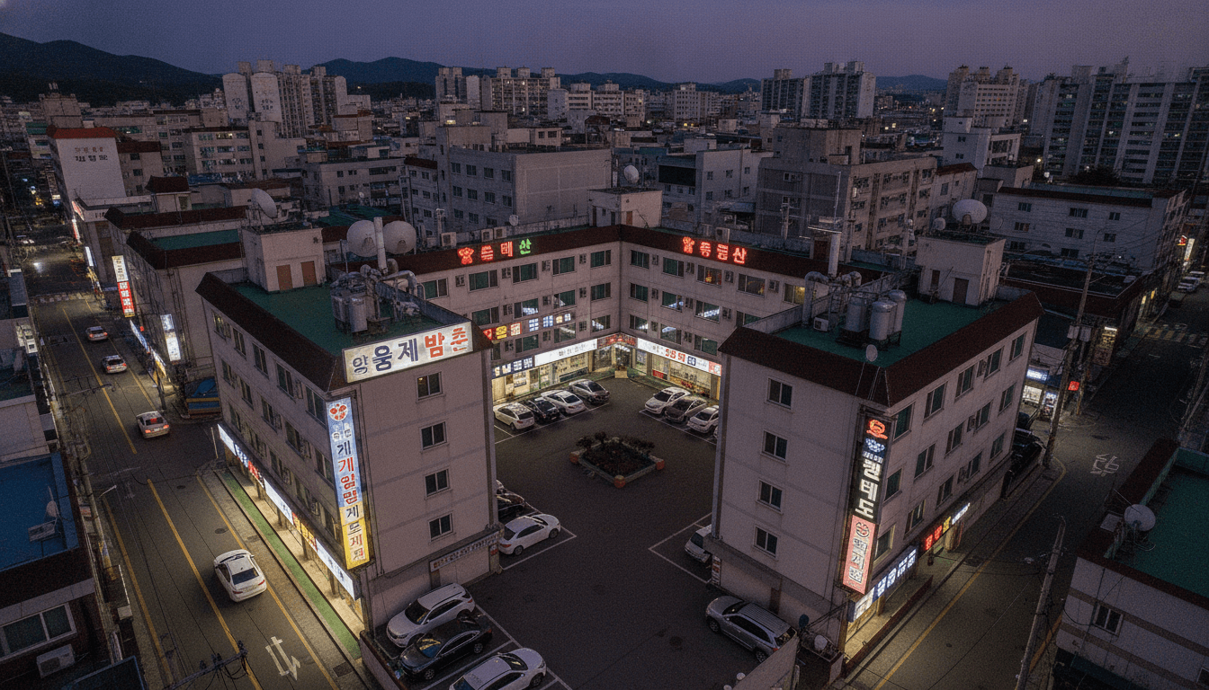 Aerial view of a motel complex with subtle indicators of hidden 010 numbers fraud relay stations within some rooms.
