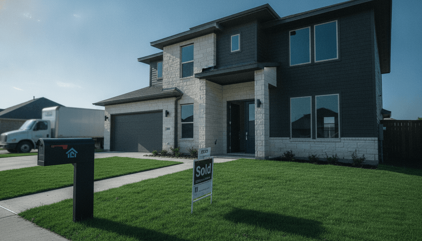 A street-level candid shot of a modern suburban home in Frisco, Texas, with a 'Sold' sign leaning against a mailbox, hinting at assets seized from a pandemic pyramid scheme.