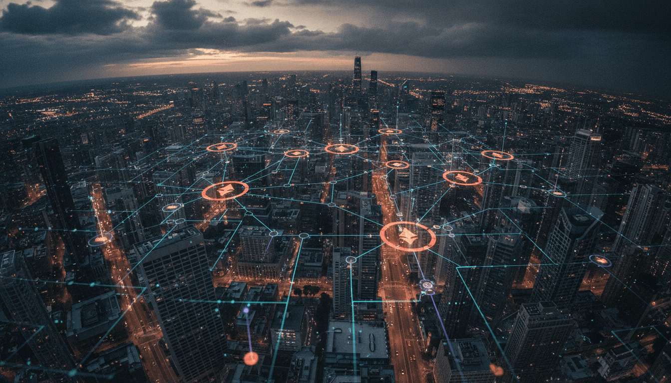 Aerial view of a complex digital network overlaying a physical landscape, symbolizing the AudiA6 crypto laundering service being dismantled, with lines of data converging and dispersing across virtual nodes representing illicit money flows.