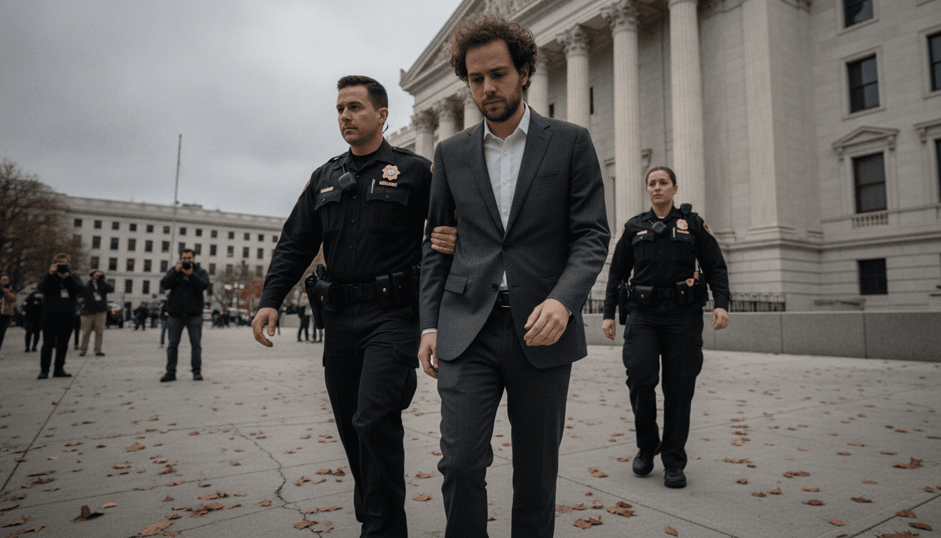 An image of Sam Bankman-Fried in a suit and tie, escorted by a USMS officer, after his crypto fraud conviction.