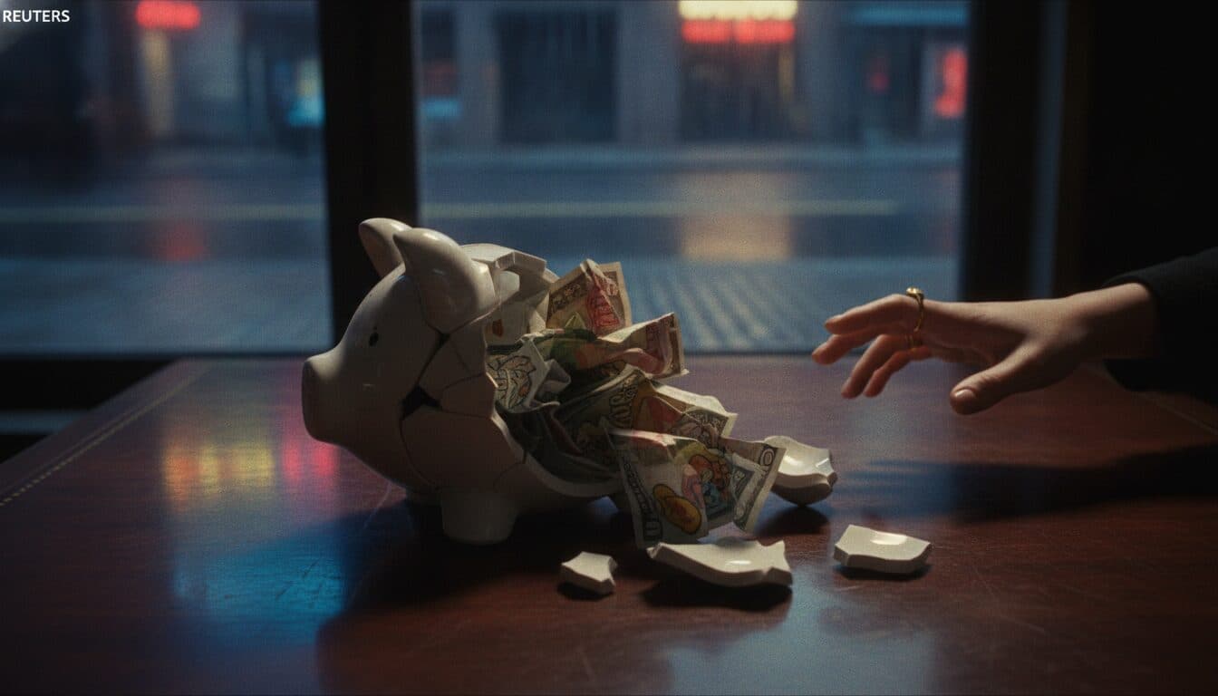 A conceptual image depicting the fallout of investment fraud, with a shattered piggy bank and scattered fake currency.