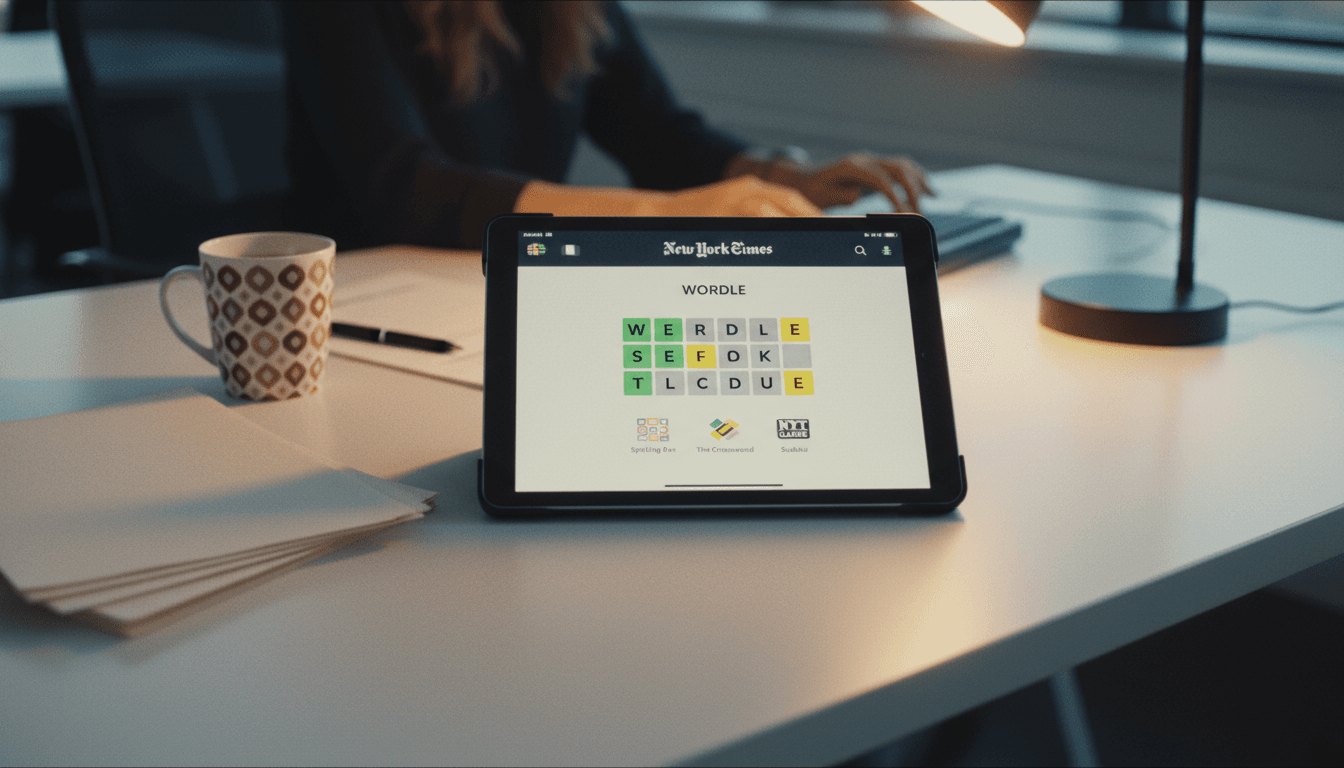 A stylized depiction of the NYT Games engagement platform on a tablet screen, featuring the Wordle game grid with green and yellow tiles.