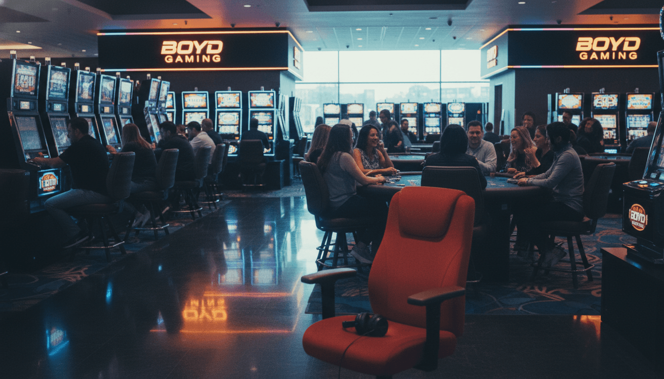 A bustling casino floor at a Boyd Gaming property, with slot machines and table games, illustrating the Boyd Gaming position in the market.