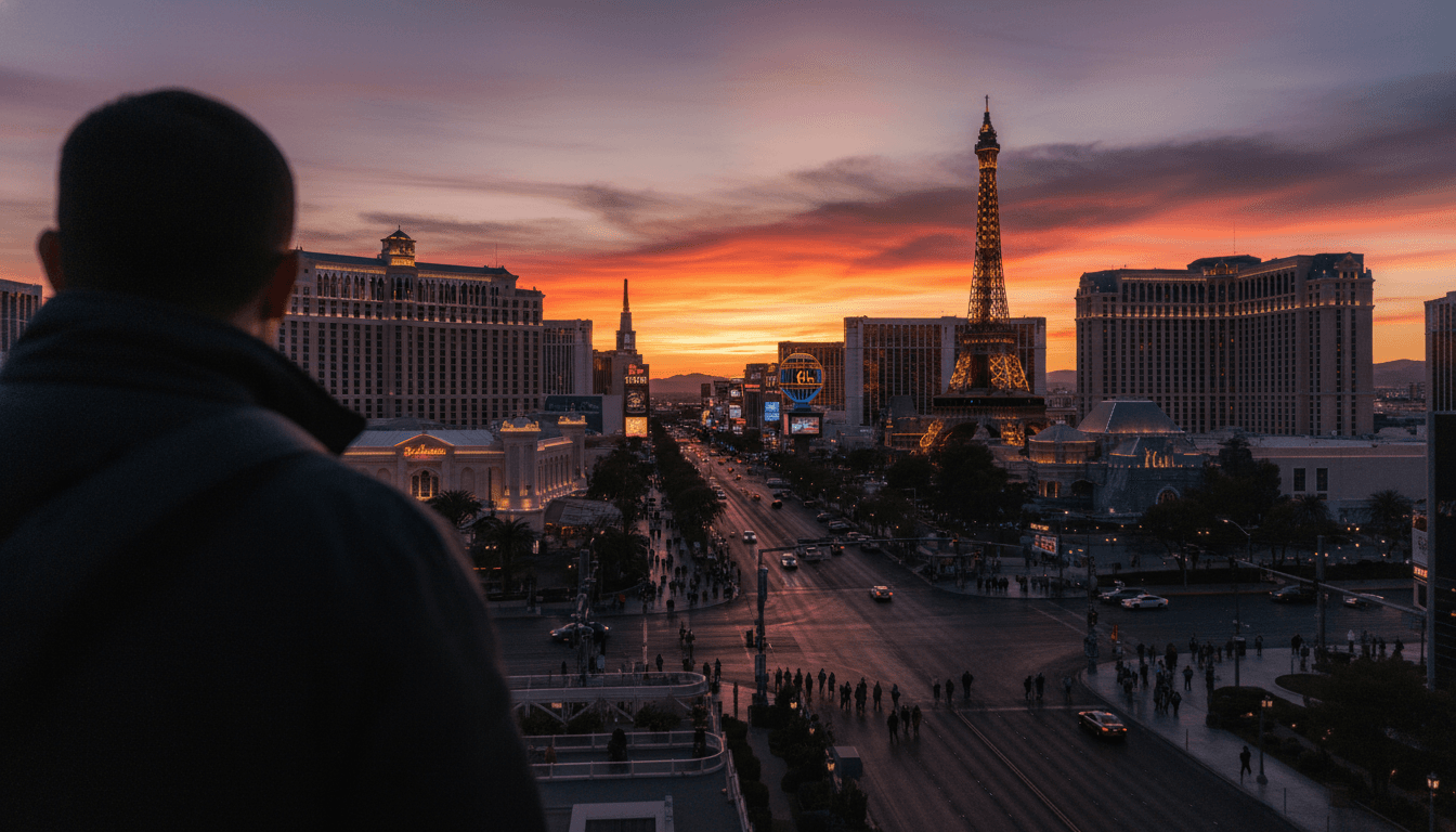 An aerial view of the Las Vegas Strip at dusk, with the lights of various casino resorts, including potential Caesars Entertainment acquisition properties, illuminating the desert night.