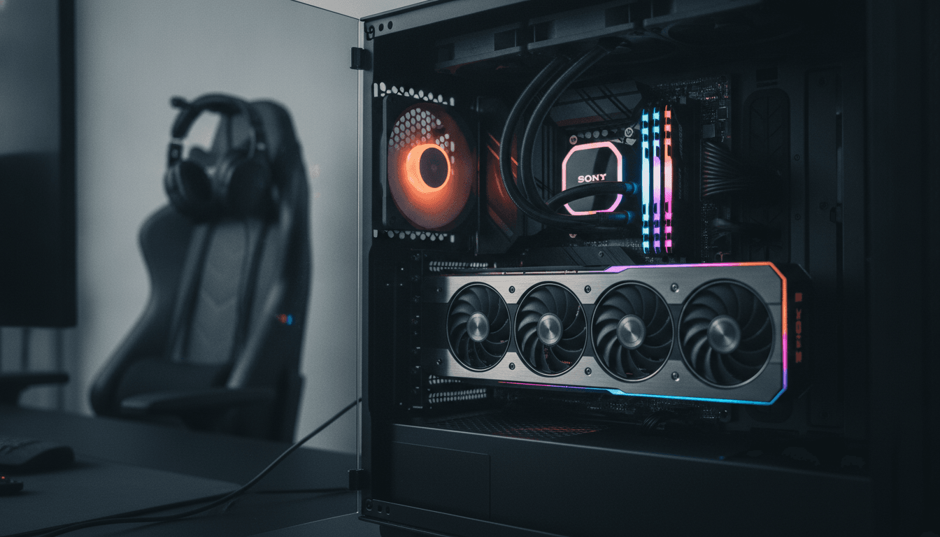 A detailed close-up of a high-end gaming PC tower, showcasing intricate RGB lighting emanating from inside the transparent side panel, with a subtle reflection of gaming market trends data on the monitor screen in the background.