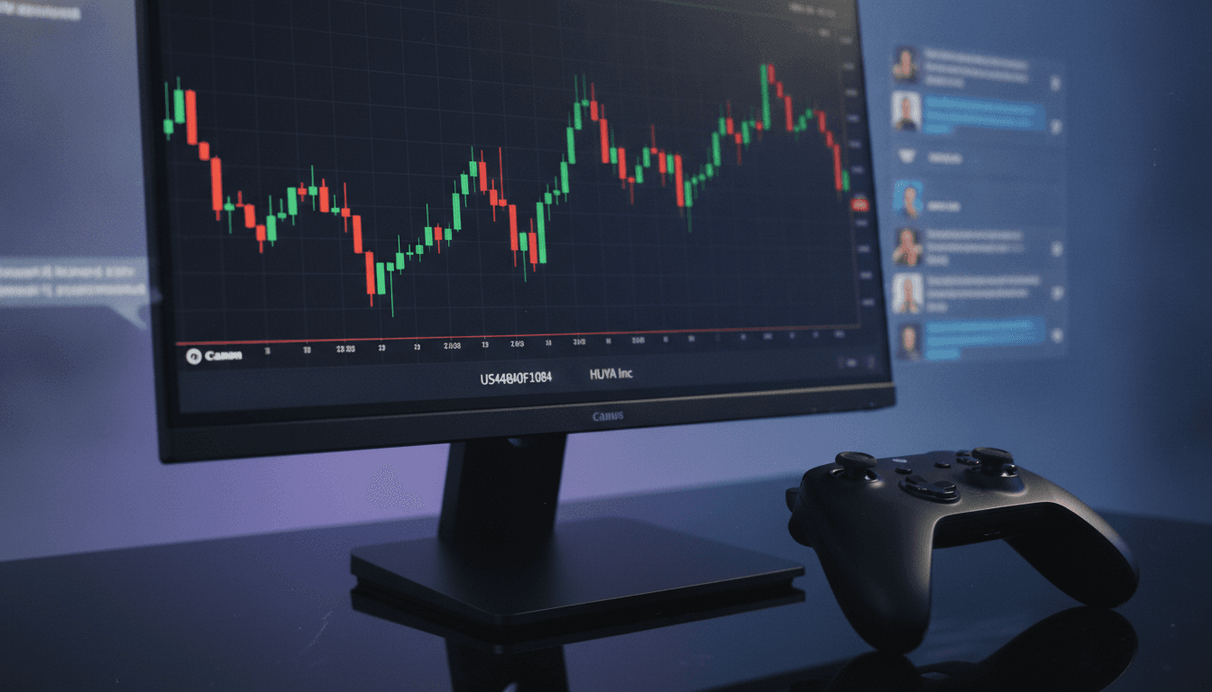 A stylized digital representation of HUYA Inc stock ticker US44840F1084 on a screen, juxtaposed with a Chinese gaming controller and a small, abstract rendering of a streaming interface.