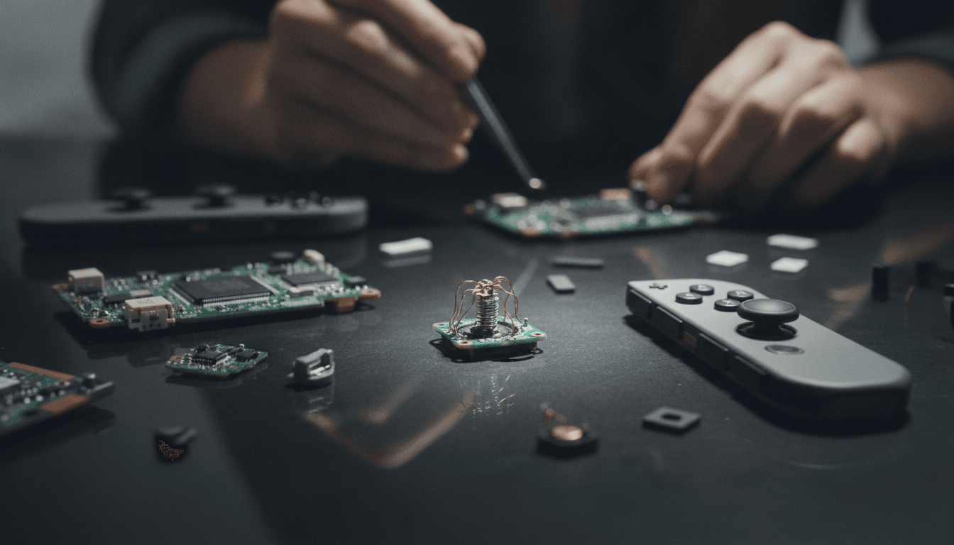 A close-up of a disassembled Nintendo Switch Joy-Con controller, revealing the internal joystick mechanism, emphasizing the mechanical source of Joy-Con drift issues.