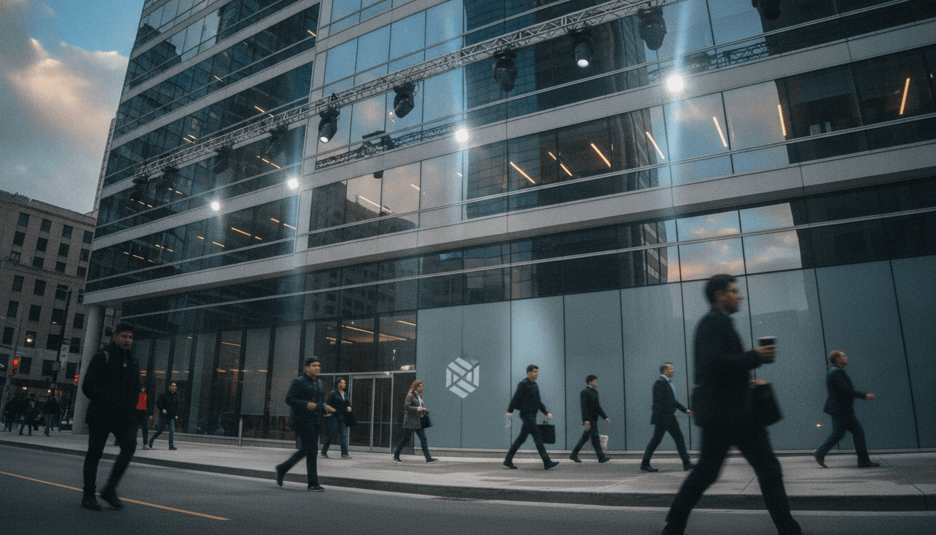 An exterior shot of a modern office building, subtly branded with a company logo, representing a studio affected by Ubisoft restructuring.