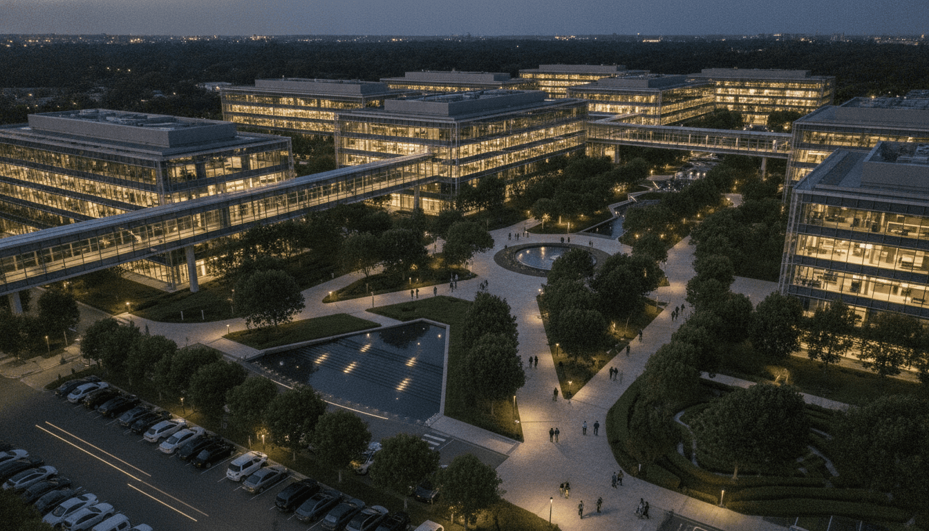 An aerial view of a bustling technology campus, with modern buildings and green spaces, suggesting the corporate scale behind Xbox major layoffs next month.