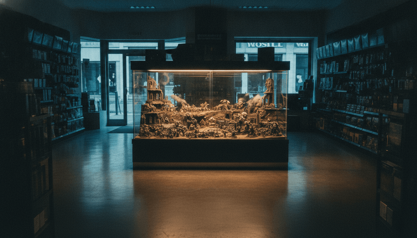 A dimly lit, empty Games Workshop store display case showcasing intricately painted Warhammer miniatures, emphasizing the quiet anticipation for continued Warhammer momentum.