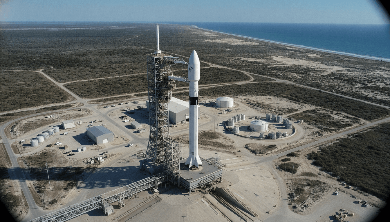 An aerial view of the SpaceX launchpad with a rocket on the pad, emphasizing the scale and technical ambition of the company behind the SpaceX stock IPO.