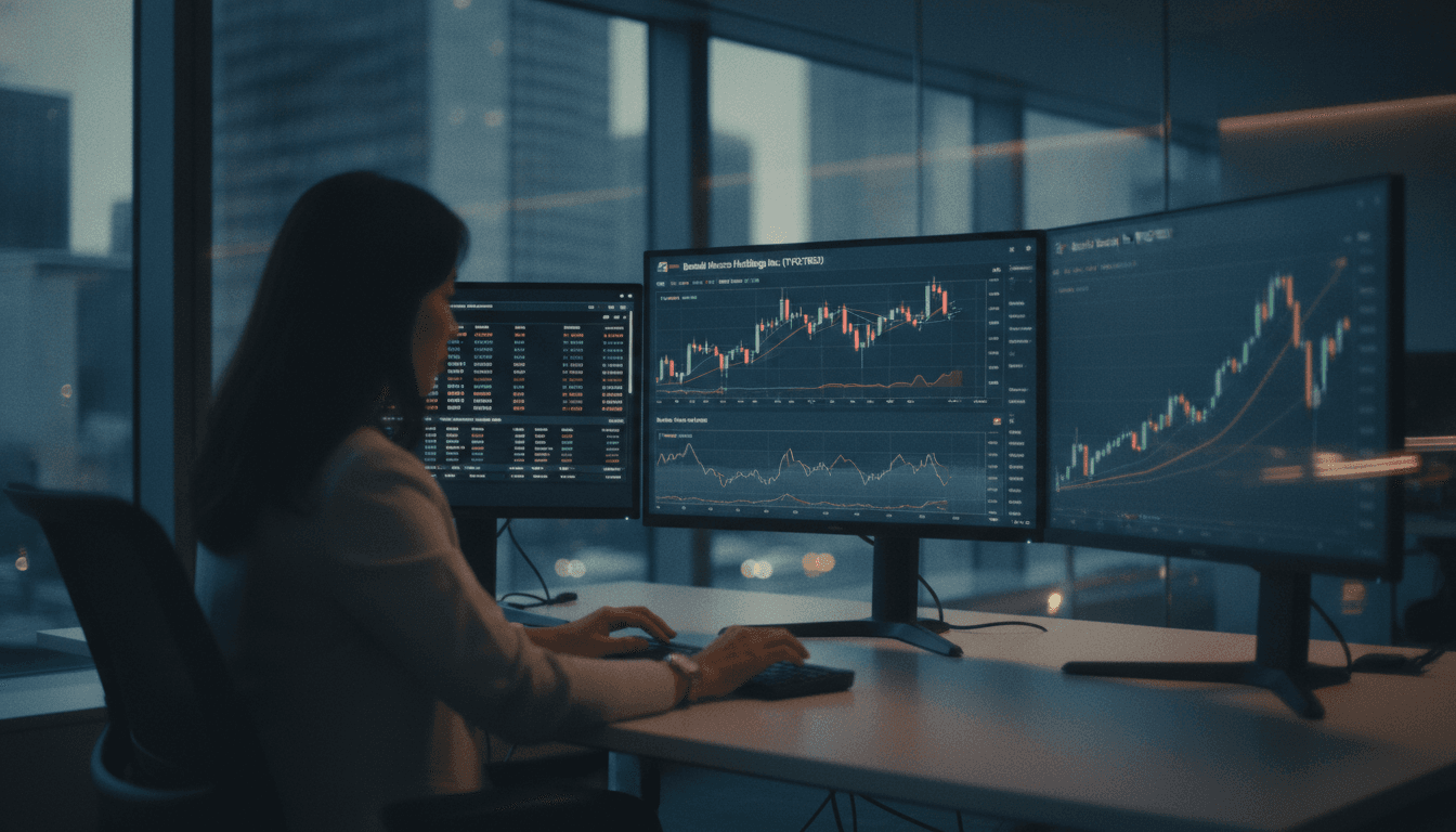 A financial analyst intently reviewing digital charts and graphs displaying Bandai Namco Holdings Inc stock valuation data on multiple monitors in a modern office.