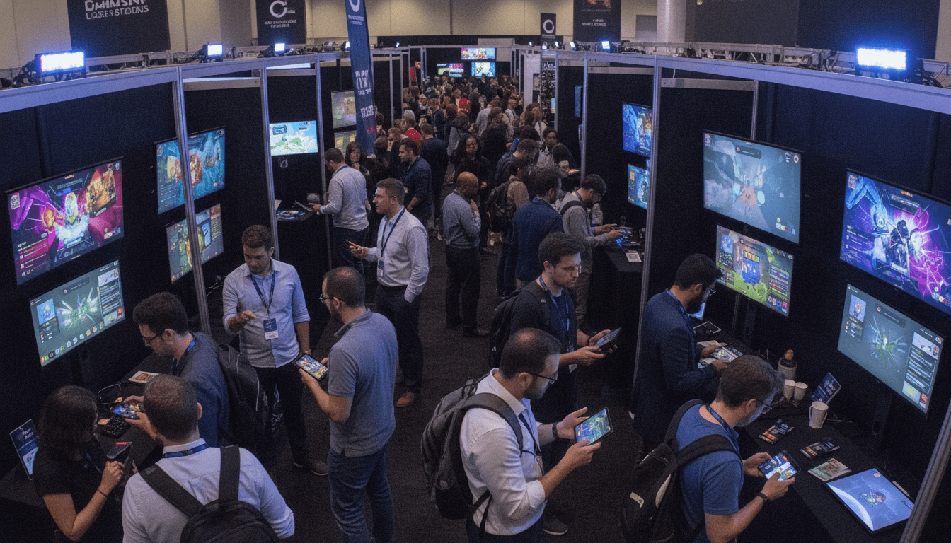 Wide shot of a bustling mobile game developer conference floor with various booths showcasing new investment in mobile gaming titles.