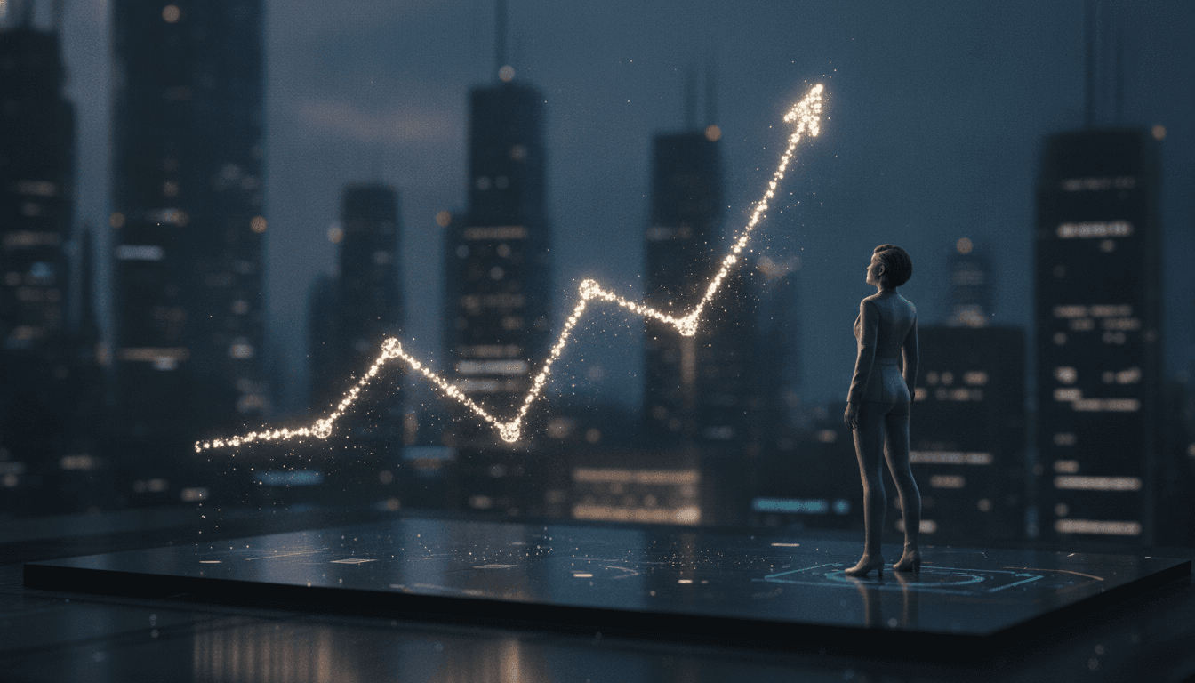 A stylized digital graph depicting an upward trend, symbolizing Mamboo Entertainment revenue growth, set against a futuristic cityscape background.