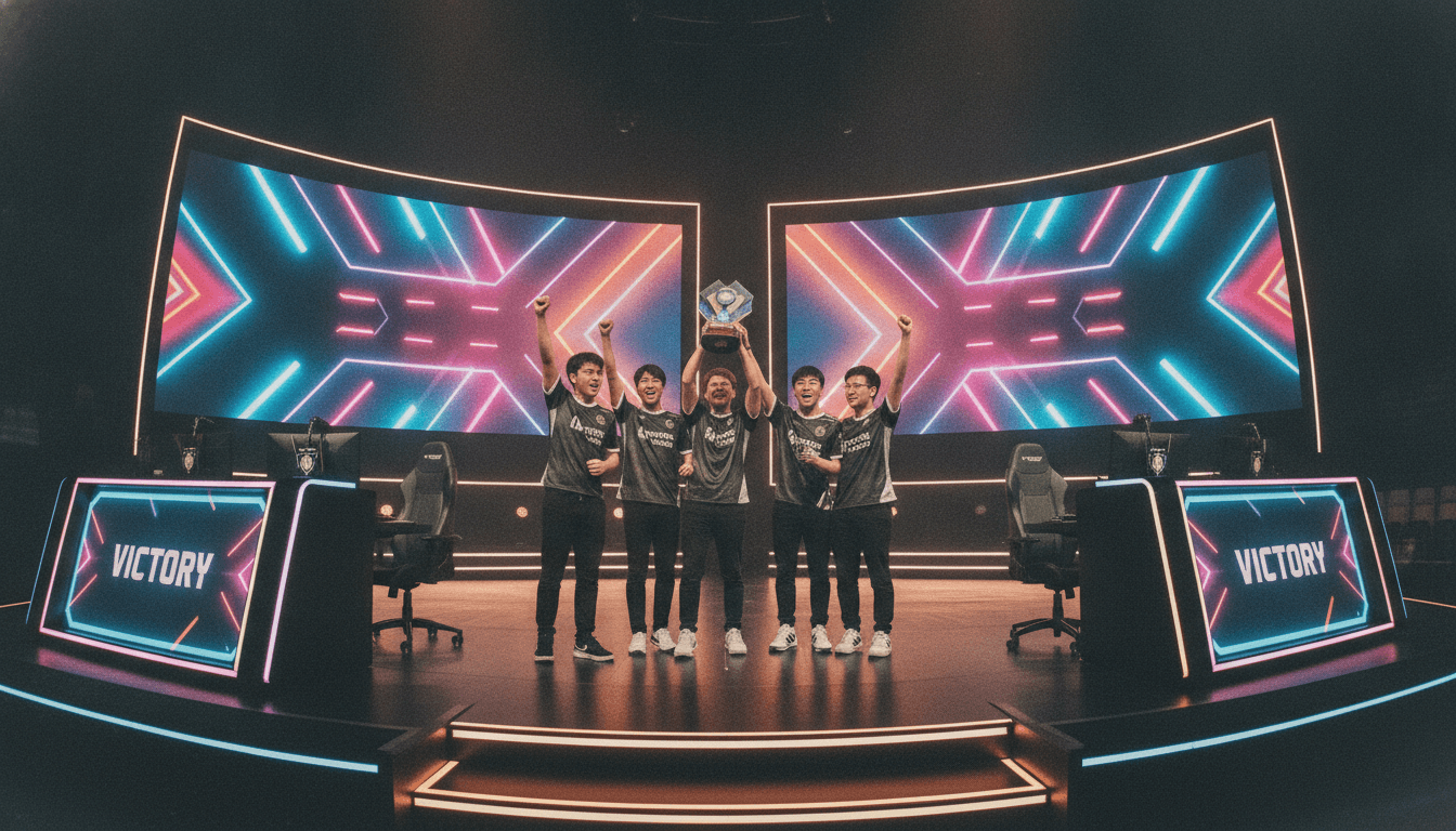 Edward Gaming team players celebrating their playoff victory on a brightly lit esports stage.