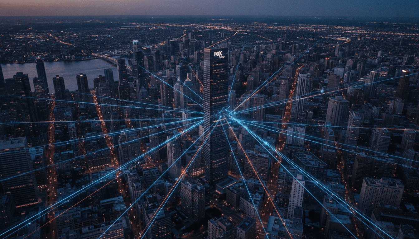 An aerial view of a bustling city skyline at dusk, with digital streams of data connecting various buildings and a prominent Fox Corp. logo subtly integrated into a large, illuminated skyscraper, symbolizing Fox Corp. buys Roku and its vast network integration.
