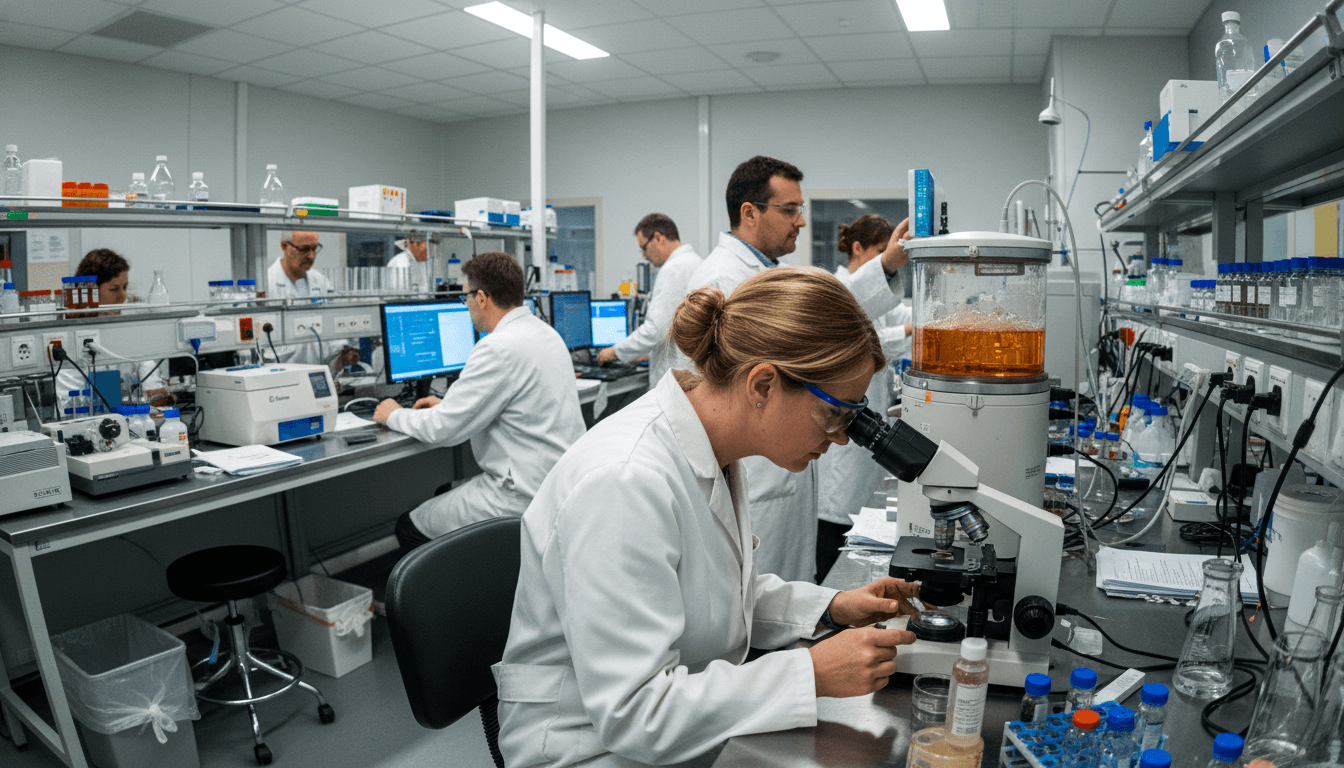 A wide shot of a modern, sterile pharmaceutical research laboratory with scientists in white coats working on advanced equipment related to the glycan-targeting C diff. vaccine.