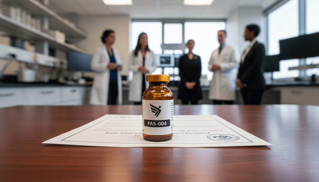 A close-up of a pharmaceutical bottle labeled 'PAS-004' with 'Pasithea' branding, accompanied by a document bearing the FDA logo and 'Rare Disease Designation' text, symbolizing the Pasithea ALS drug.
