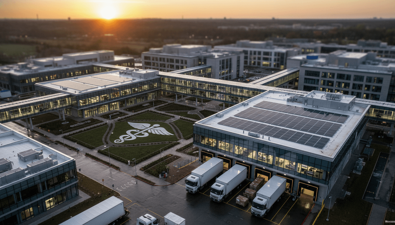 An aerial view of a bustling pharmaceutical research and development campus, highlighting the infrastructure dedicated to improved prescription drug safety.