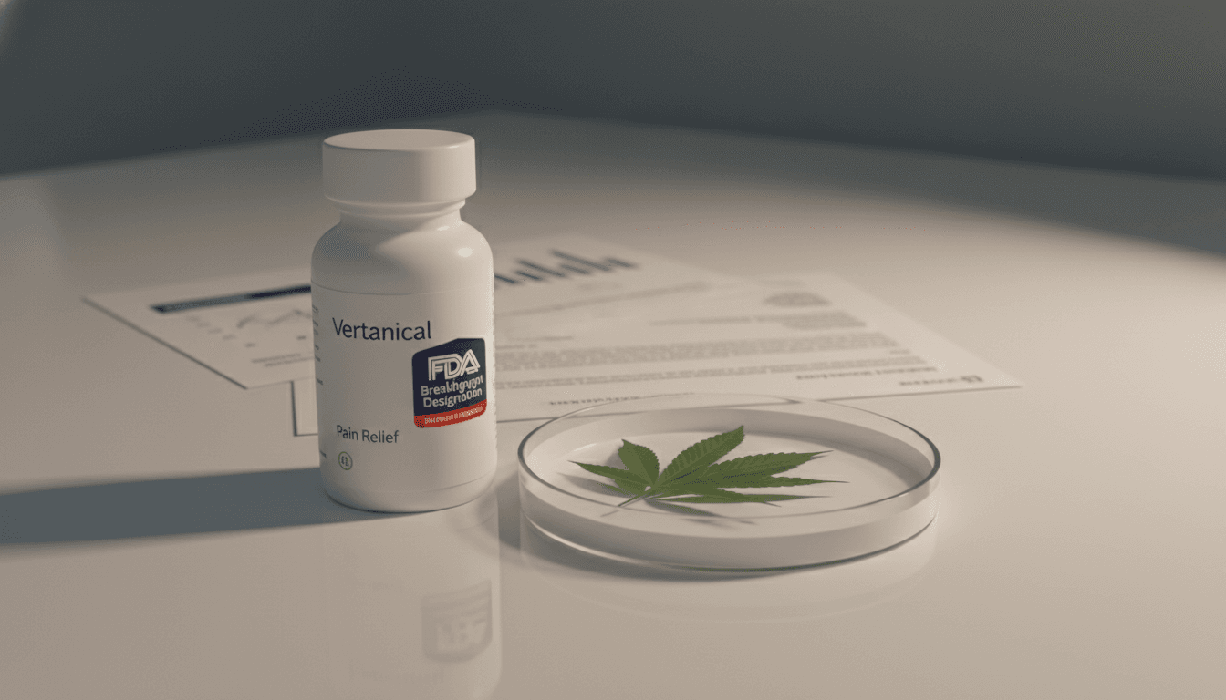 A close-up still life arrangement featuring a pharmaceutical bottle labeled 'Vertanical Pain Relief' with a prominent FDA Breakthrough Designation seal, alongside a stylized cannabis leaf and a clinical research document, symbolizing the cannabis-based pain drug.