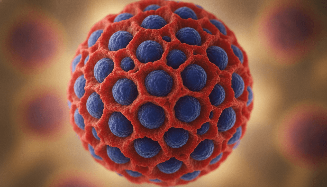 Close-up microscopic image of pancreatic cancer cells in blue and red, illustrating the target of the daraxonrasib drug.