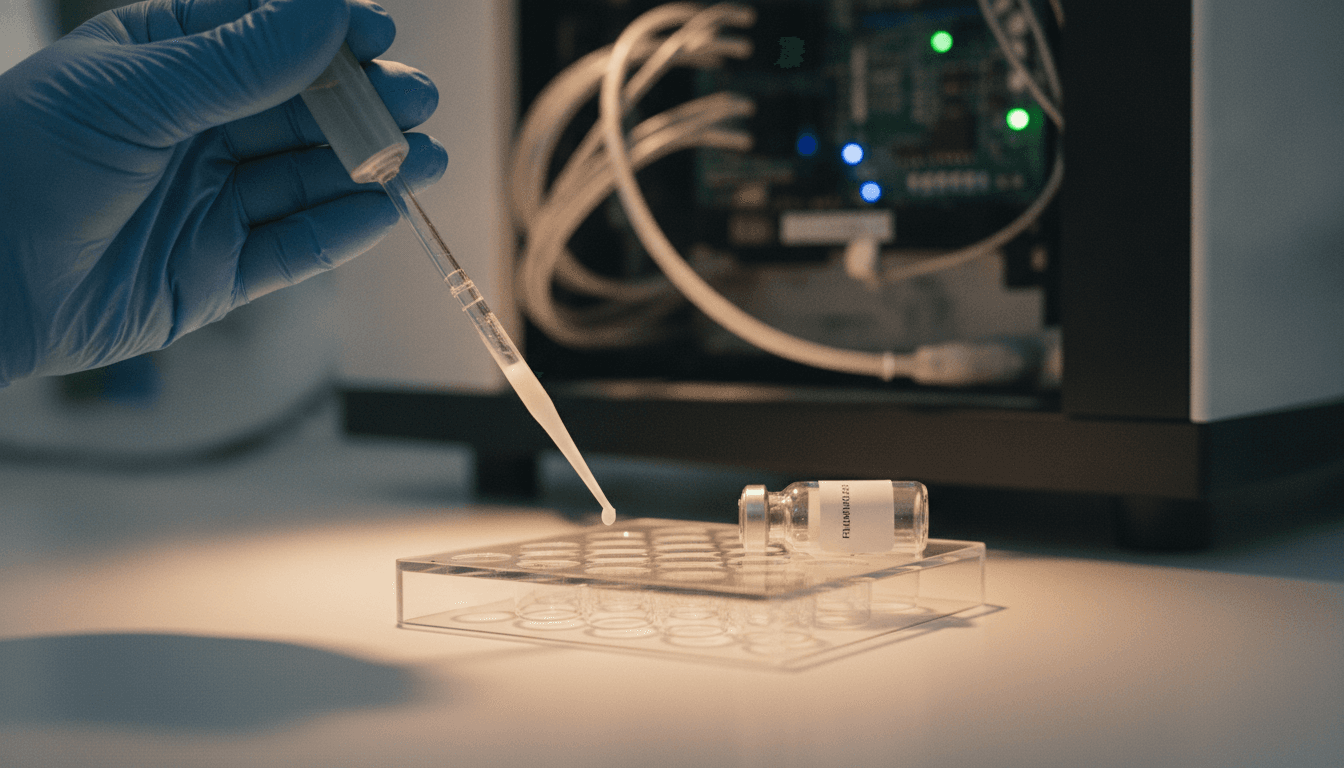 A close-up view of a technician carefully pipetting a wastewater sample into a sequencing machine, symbolizing the effort to screen wastewater for disease outbreaks during World Cup.