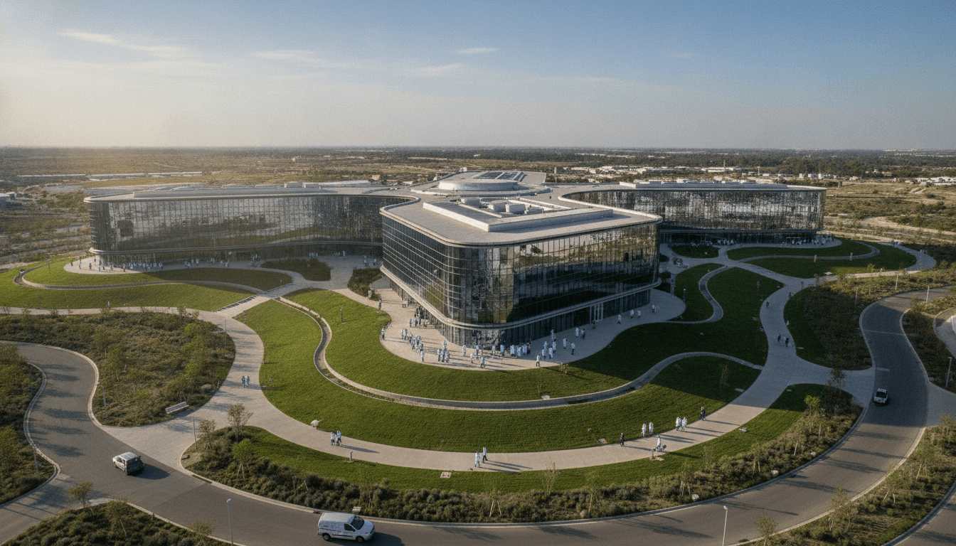 An aerial view of a modern pharmaceutical research facility, symbolizing the innovation behind FDA approves HYMPAVZI.