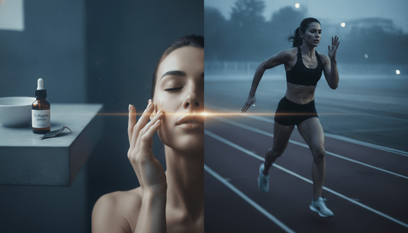 A stylized aerial view of a person applying a collagen skin health product, juxtaposed with an athlete struggling during a workout, visually representing that collagen boosts skin health, not sports performance.