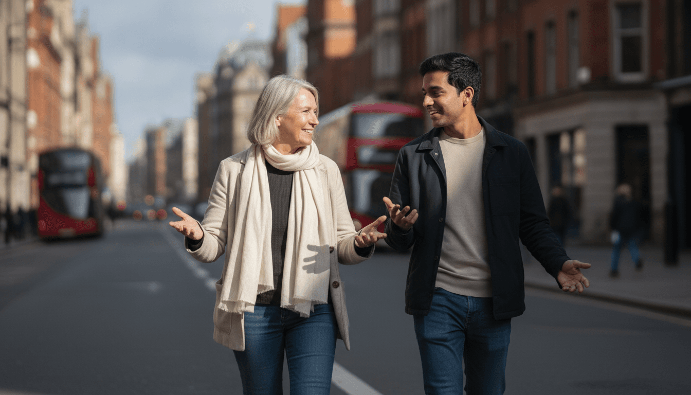 An older adult and a person of minoritized ethnic background walking outdoors in summer, but with shadowed faces and bodies, illustrating how summer sun fails to fix vitamin D gap in at-risk groups.