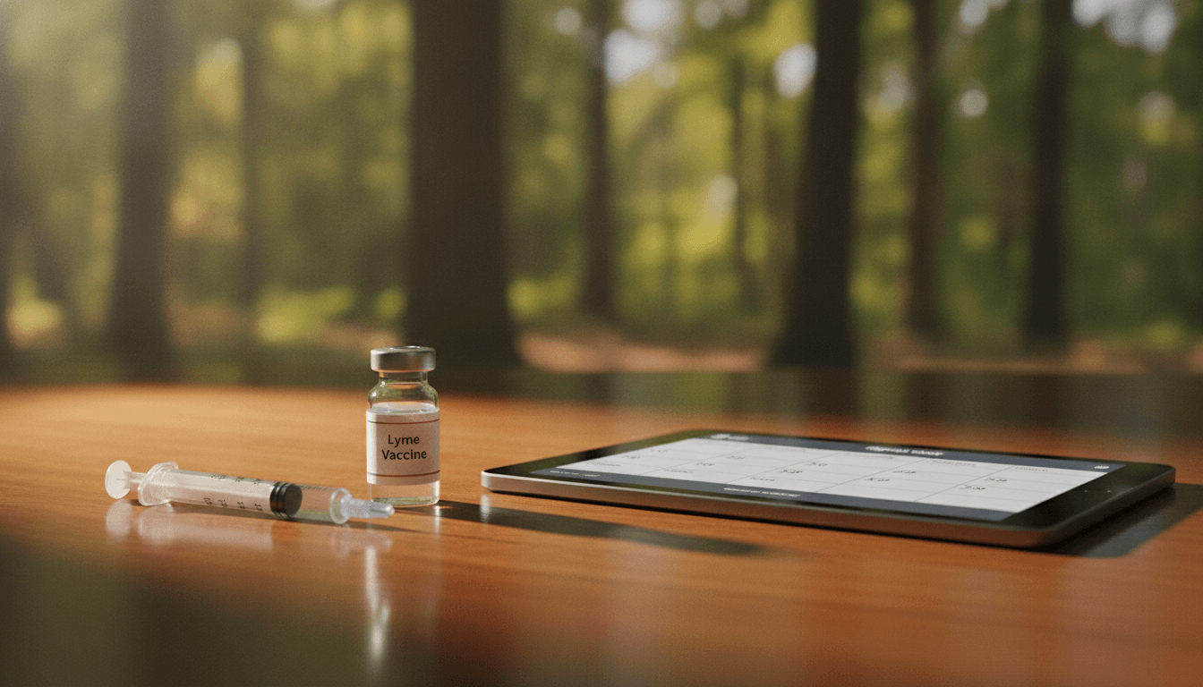 A vial of vaccine, a syringe, and a digital diary on a wooden desk, symbolizing the teenagers join Lyme vaccine clinical study.