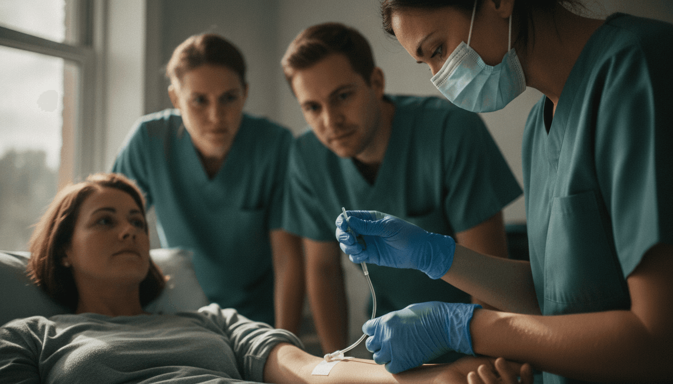 A healthcare worker in blue gloves inserts an IV line into a patient's arm while colleagues observe in a hospital room, symbolizing the pioneering NHS trial achieving lupus remission in England.