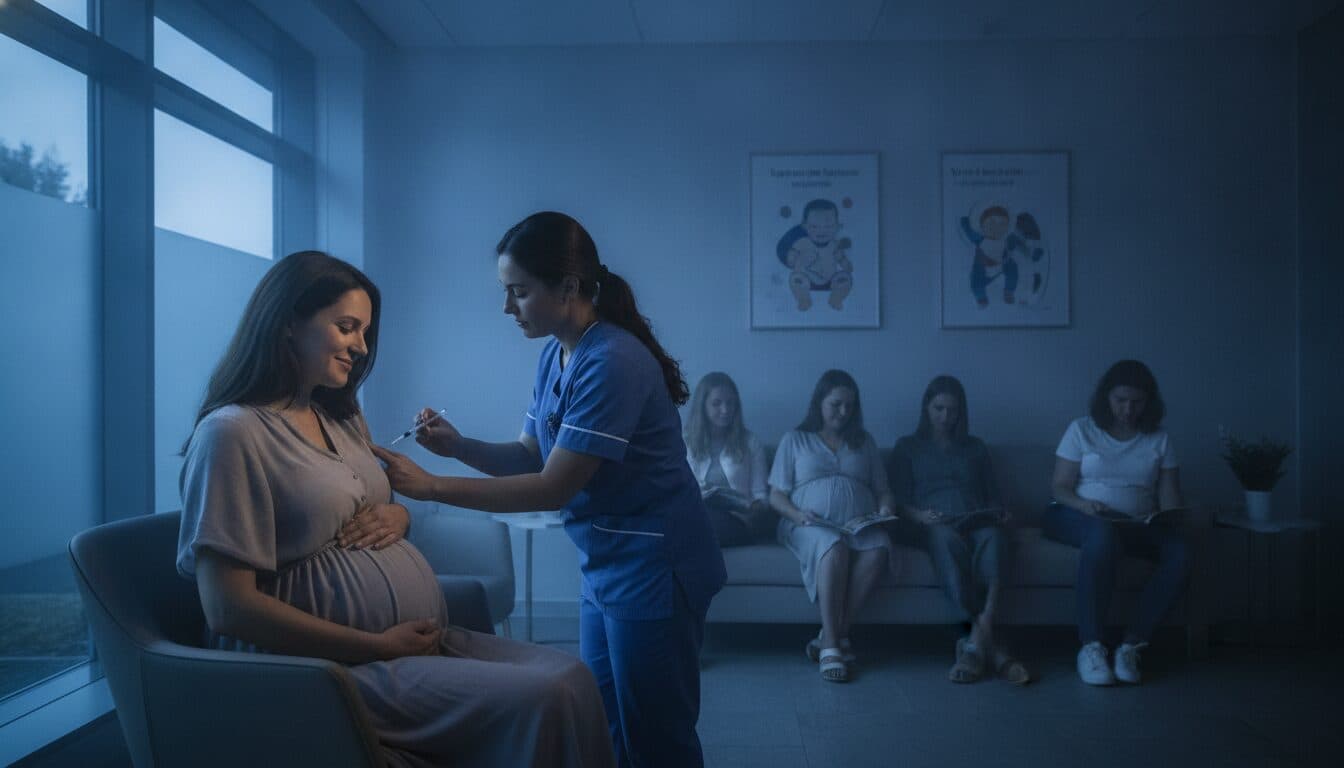 A pregnant woman receiving a maternal RSV vaccine from a healthcare professional in a clinic setting.