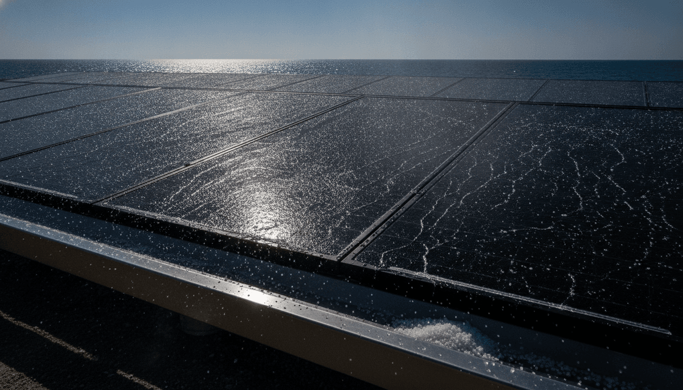 Close-up of innovative solar desalination method panels wicking water and distilling it under sunlight, with salt crystals visible on the self-cleaning surface.