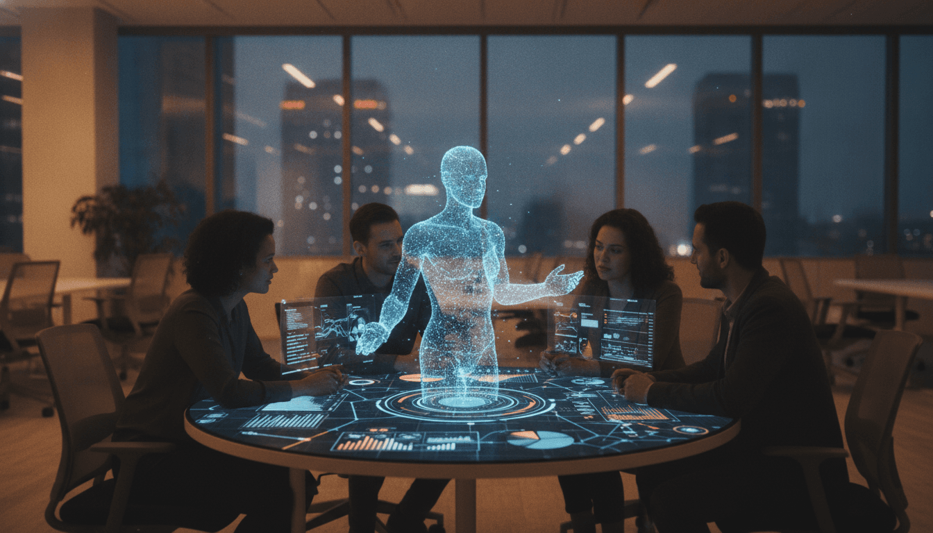 A diverse team of human employees collaborating with a holographic projection of an AI agent interface, symbolizing the integration of a hybrid human-AI enterprise.