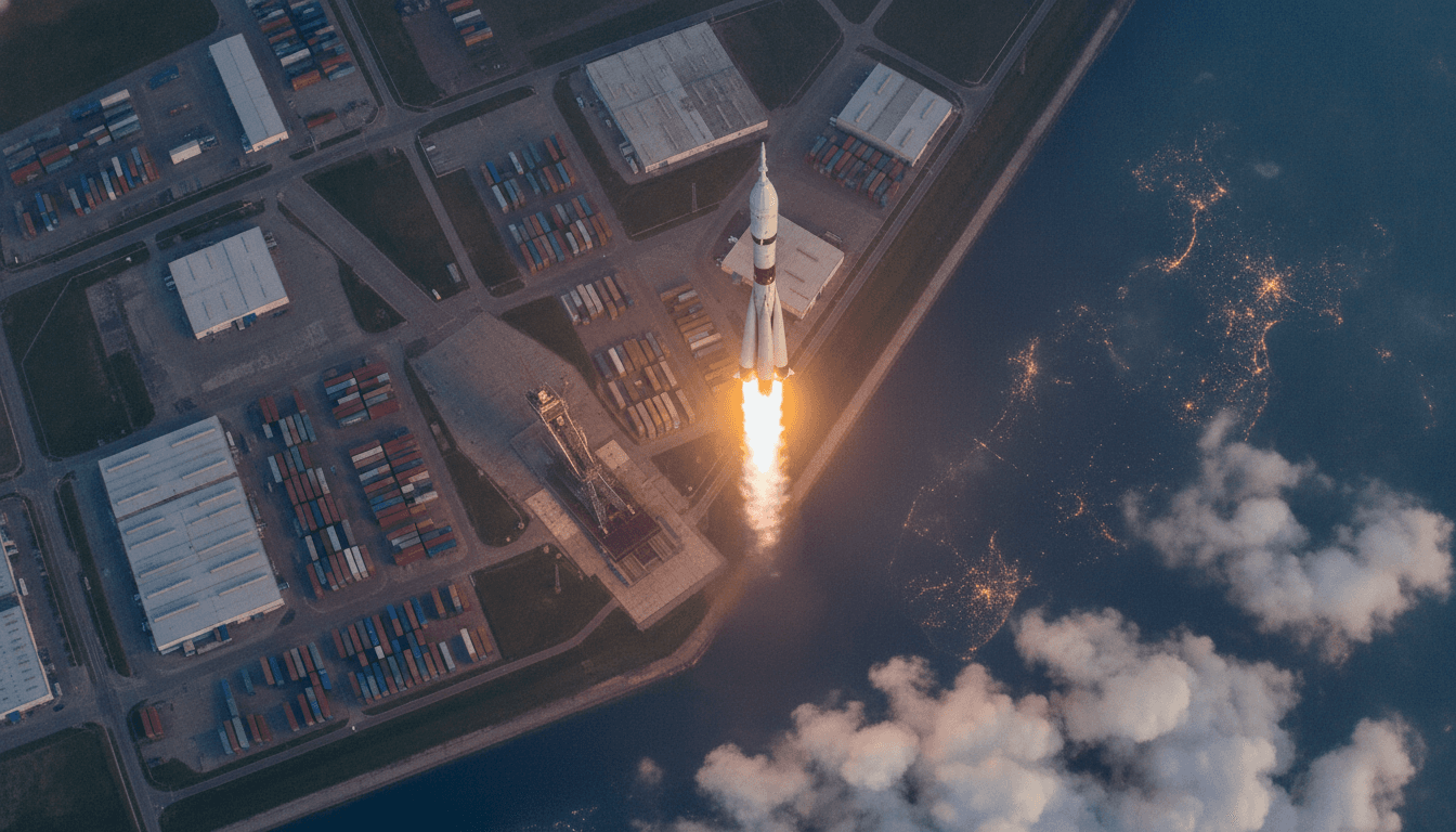 An artistic aerial perspective of the Sputnik launch rocket ascending into a twilight sky, leaving a trail of smoke, with a stylized globe visible below.