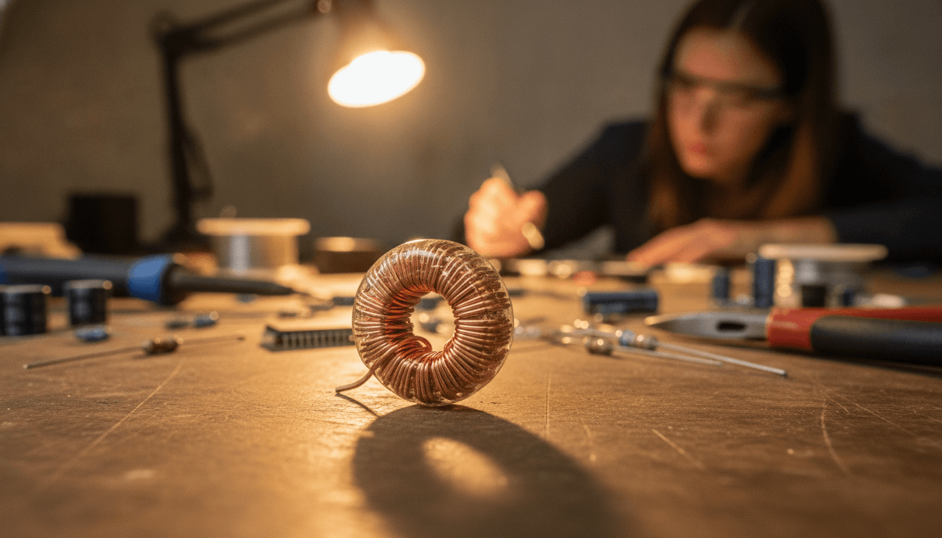 Close-up of a meticulously wound air-cored inductor coil, coated with a clear, rigid Q-dope solution, signifying enhanced inductor coil stability.