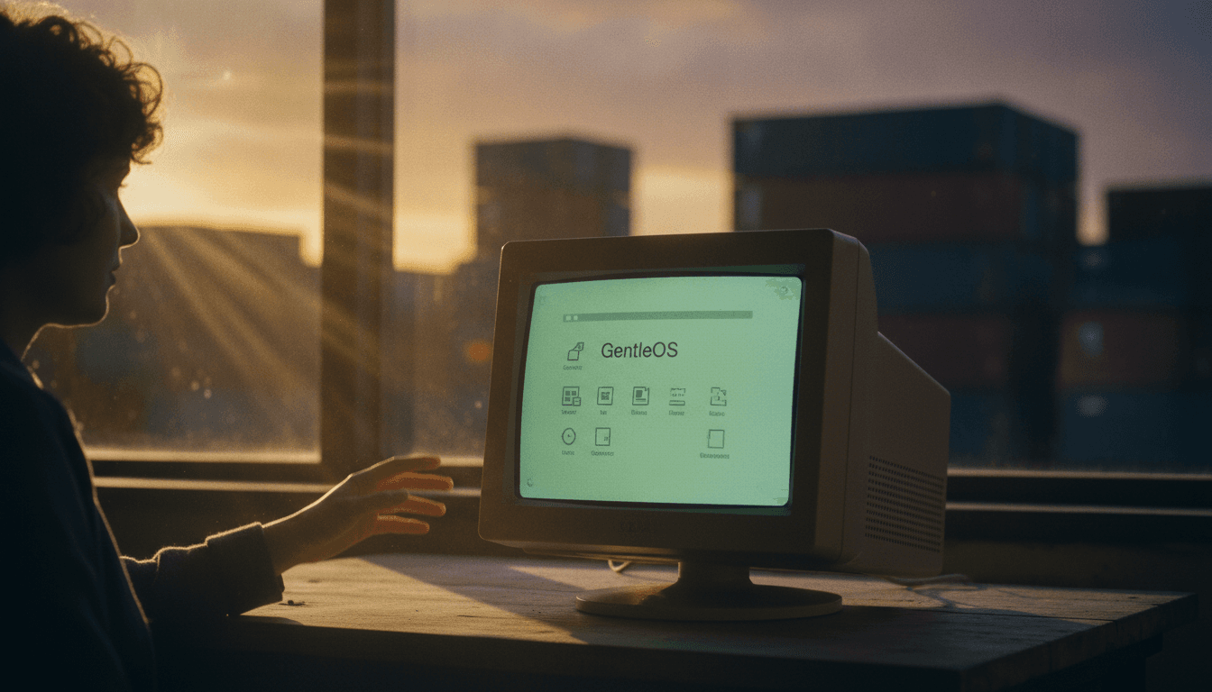 A glowing, minimalist user interface of GentleOS revitalises old PCs, displayed on a vintage computer monitor.