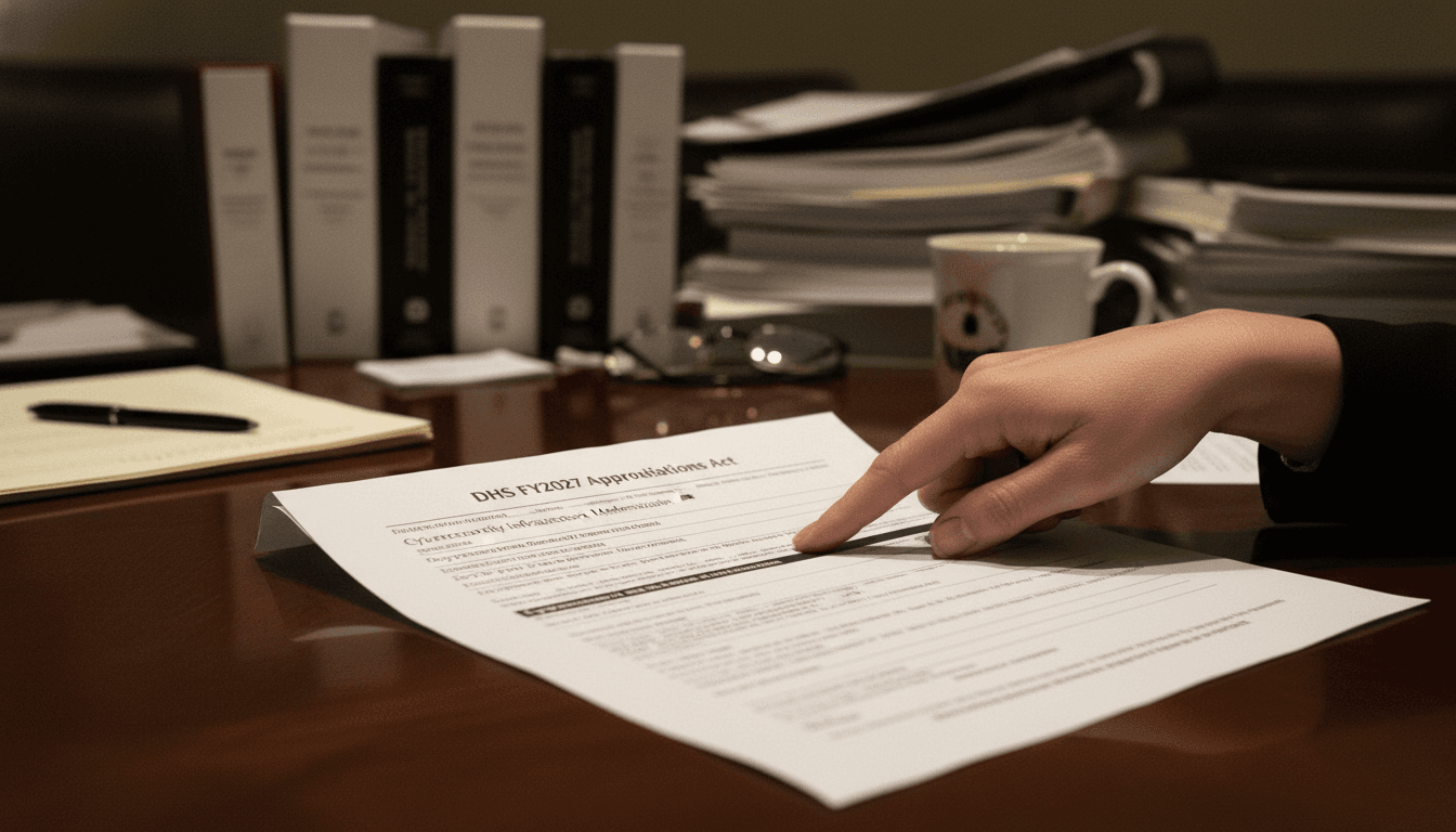 A close-up shot of a hand holding a pen, poised over a complex legislative bill titled 'DHS FY2027 Appropriations Act' on a congressional desk, symbolizing the intense scrutiny and negotiation surrounding the DHS funding crisis.