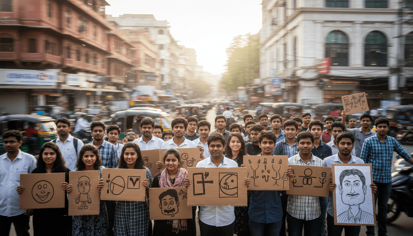A wide shot of young protestors holding signs in New Delhi, representing the India youth 'cockroaches' movement.