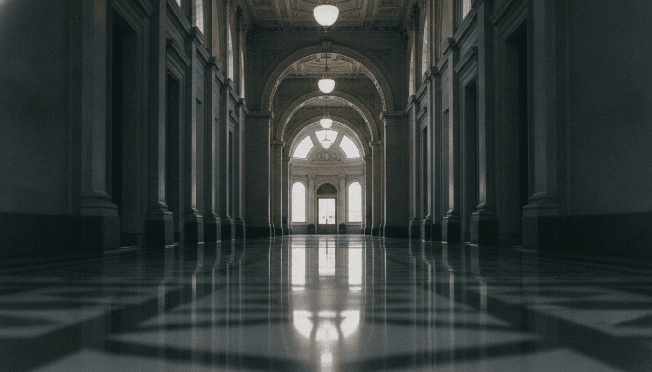 A somber, empty hallway in the U.S. Capitol Building, bathed in the muted light of a cloudy afternoon, symbolizing the quiet advancement of the denaturalization powers bill.