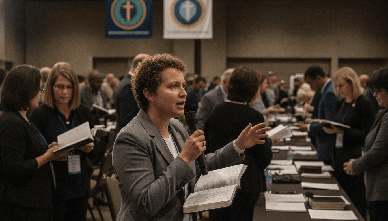 A diverse group of Southern Baptist delegates engaged in a lively debate over women pastors at a large convention hall.
