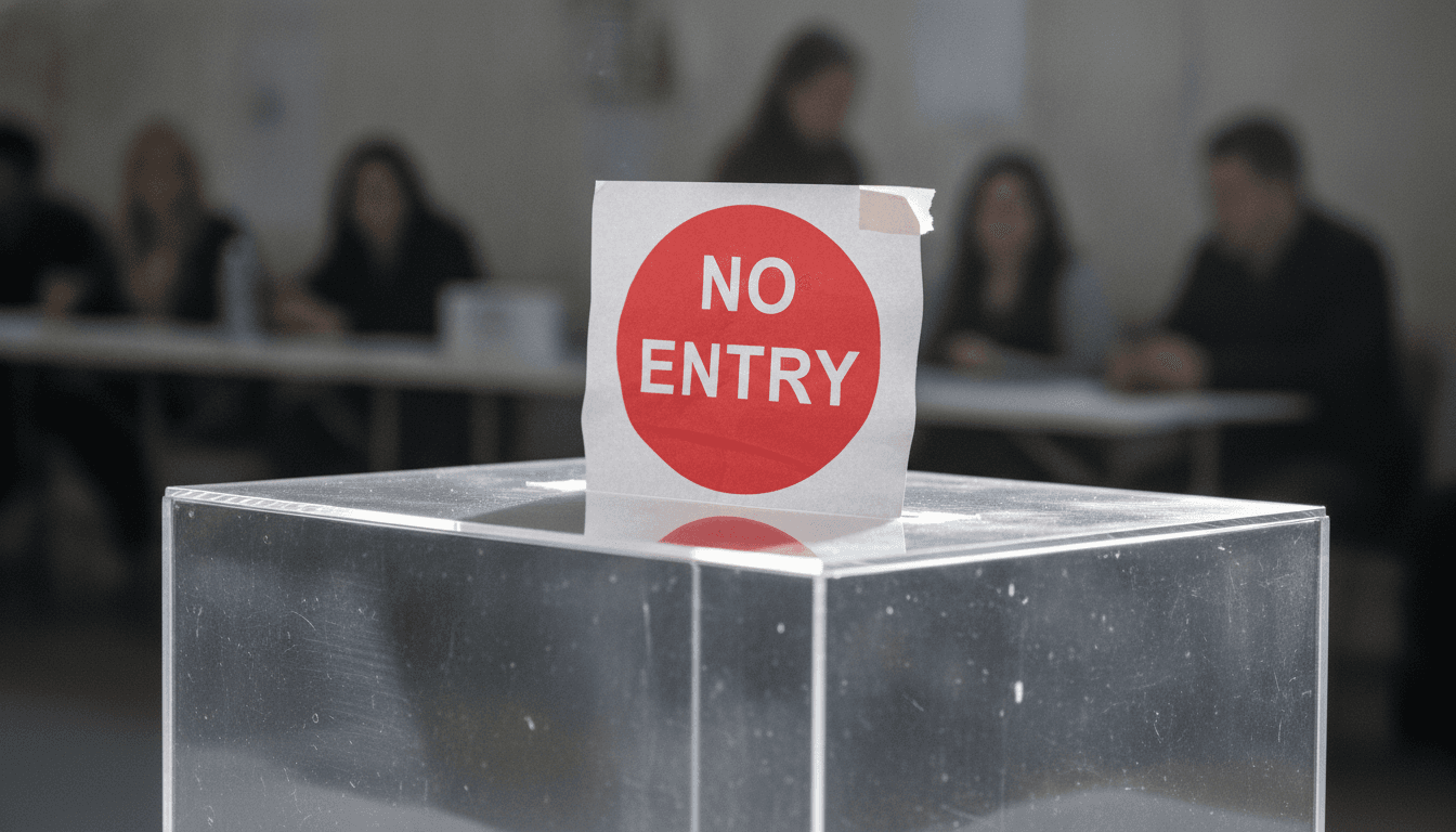 A close-up of a ballot box with a 'No Entry' sign taped over the slot, symbolizing voter abstention and political disengagement.