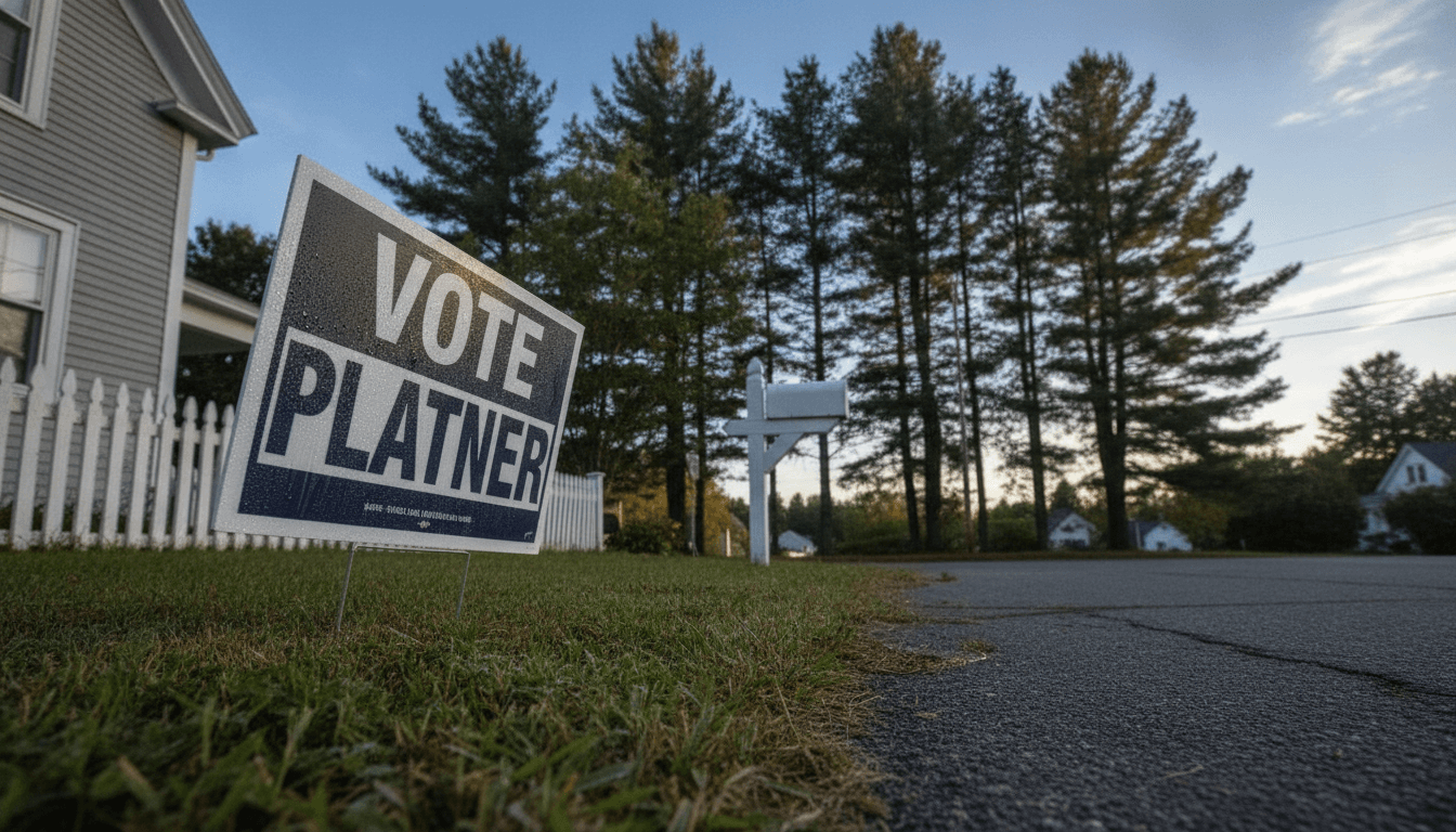 A 'Vote Platner' campaign sign prominently displayed on a lawn in Maine, following the Maine Democratic Senate primary results.