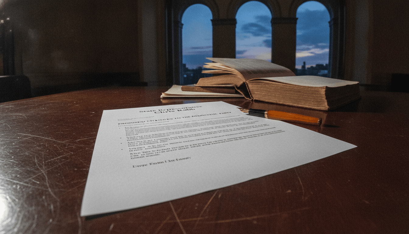A formal letter from State Representative Chris Rabb outlining proposed changes to the Philly Democratic party, resting on a polished mahogany desk next to a vintage fountain pen and a leather-bound copy of the Philadelphia city charter.